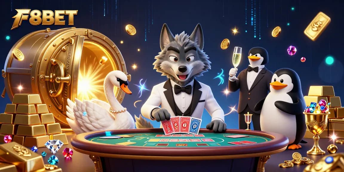 Experience thrilling baccarat action with F8BET's vibrant 3D casino illustration featuring unique characters.