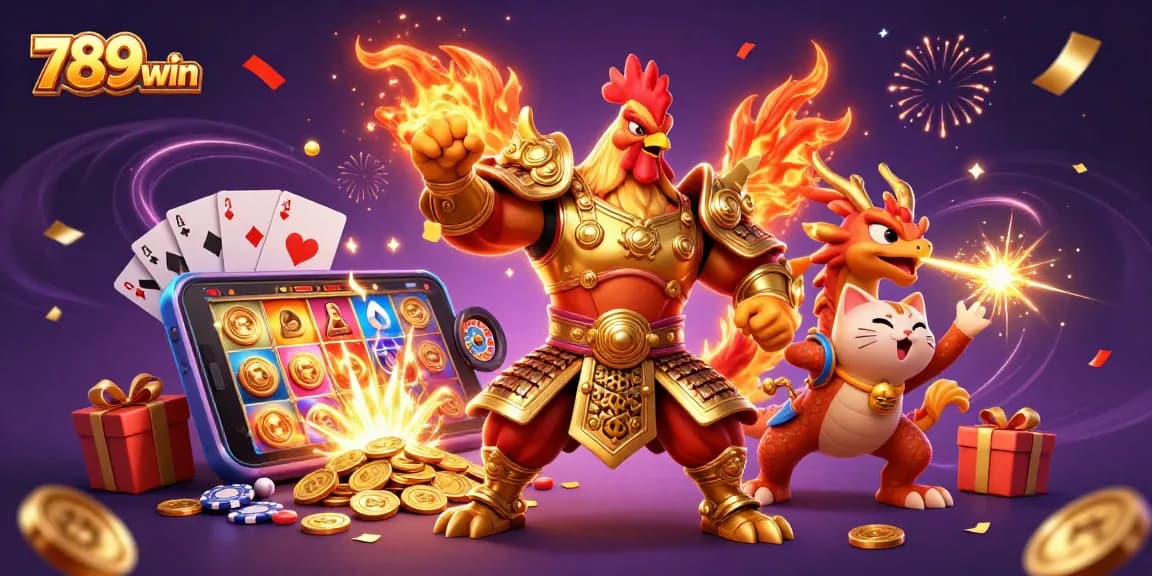 Engage with 789win's powerful cartoon heroes amidst dynamic casino elements in a vibrant 3D scene.