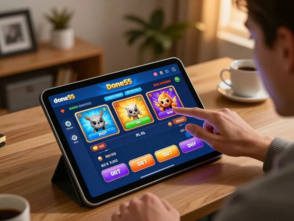 Engaging view of a person playing done55 on a tablet in a cozy home setting, highlighting mobile gaming excitement