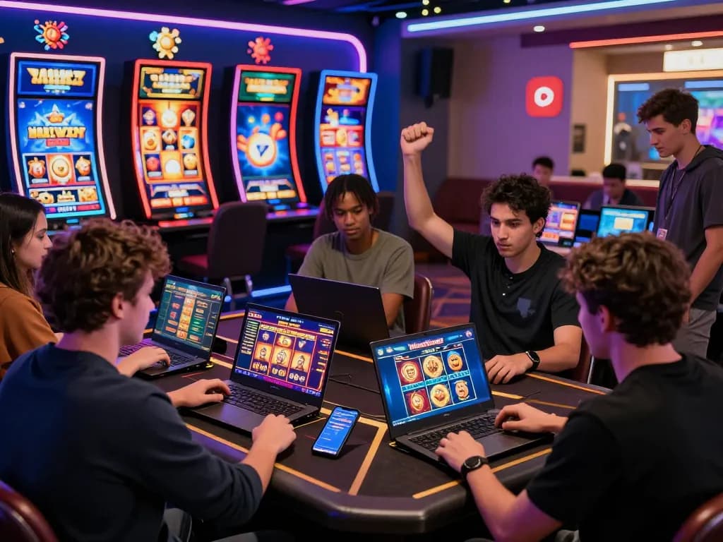 Exciting Winstrike69 online casino gaming scene with players enjoying vibrant slot games and celebrating wins.