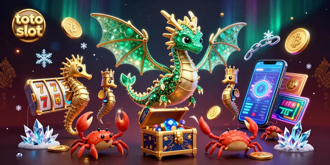 Engage in thrilling toto slot action with vibrant visuals of emerald-draped sea dragon and glowing crypto elements.