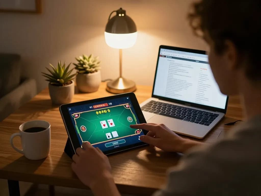 79KING players strategizing in online poker from a cozy home setting with tablet and notes.