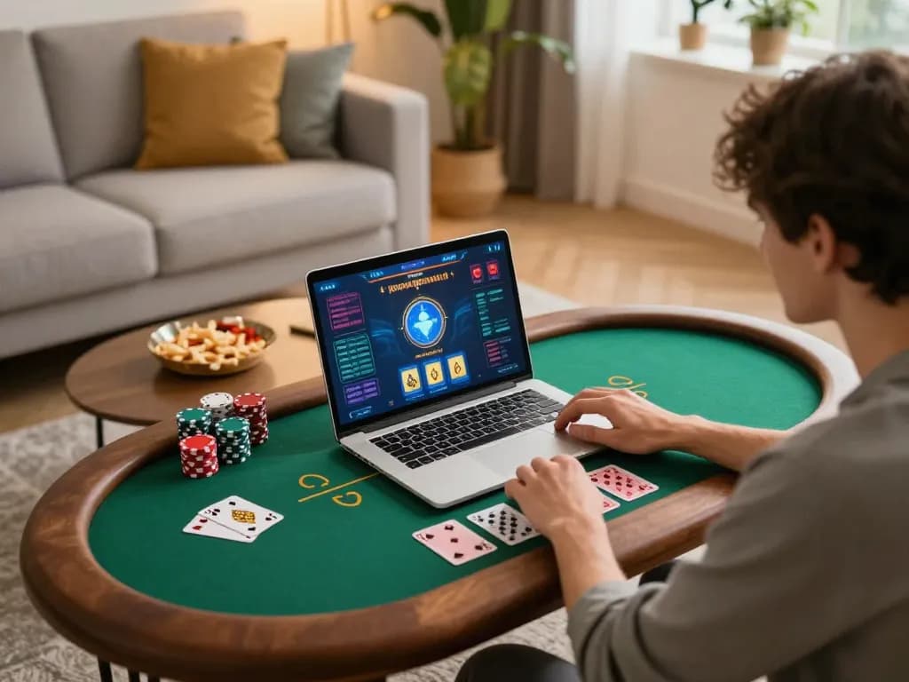 Engaging online gaming scene with 88aa poker gameplay on a laptop in a cozy living room.