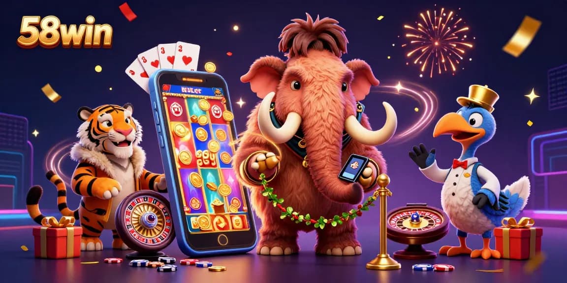 Join 58win's vibrant casino scene with a mammoth bouncer and tiger VIP, showcasing dynamic gaming action.