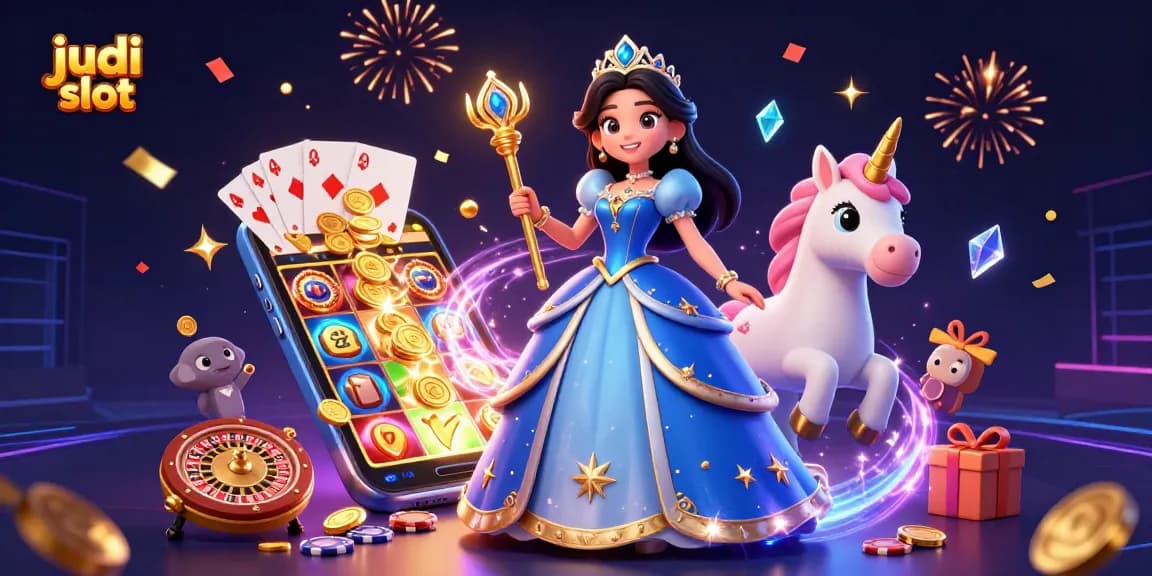 Engage with judi slot excitement through this vibrant 3D illustration, showcasing a beautiful woman and magical elements.