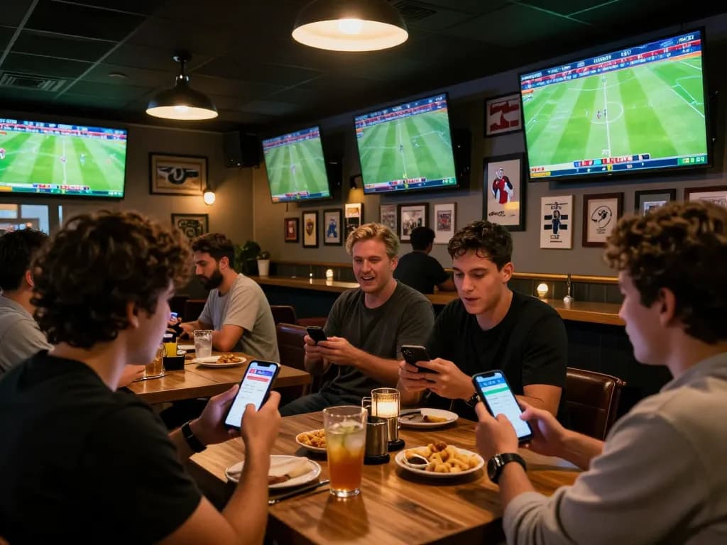 Orang-orang dengan intens mengikuti skor langsung SPBO 1 di bar olahraga yang ramai dengan beberapa layar.