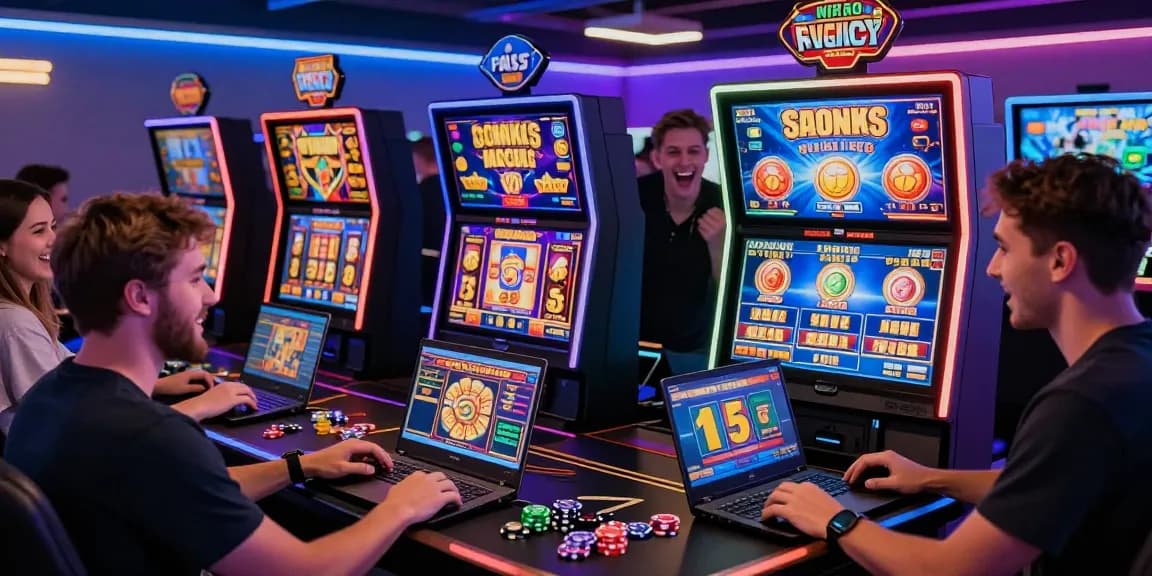 situs slot gacor dengan pemain yang bersenang-senang di kasino online, tampilan slot berwarna-warni dan perayaan kemenangan.
