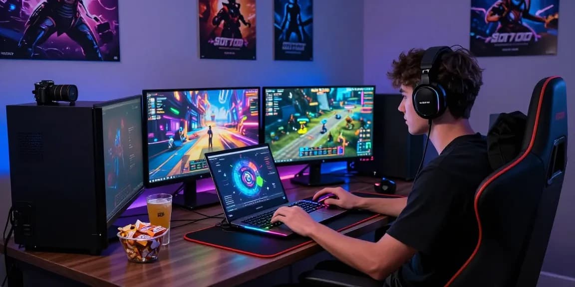 Experience Slot7000 gaming platform in a vibrant setup with dynamic screens and gaming gear