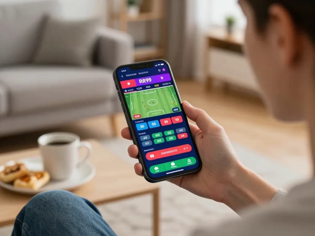 Engaging sports betting moment on RR99 app in a cozy home setting