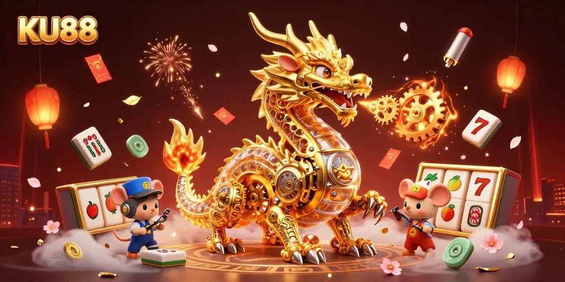 Engage with winning strategies at KU88, featuring a captivating 3D dragon amidst casino elements.