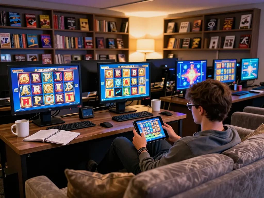 Engaging in Demo Slot Pragmatic gameplay on a tablet, cozy home atmosphere with strategy notes