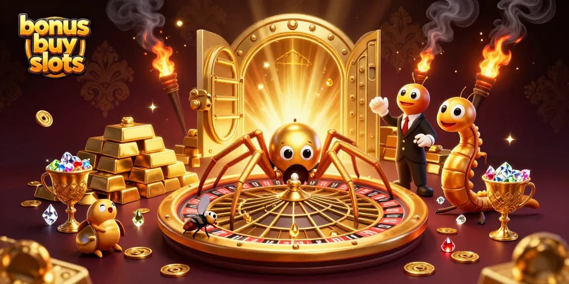 Engage in bonus buy slots with a lively scene of a spider and centipede at a casino