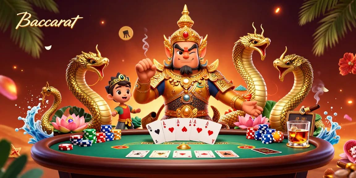 Engage with Baccarat gameplay, featuring unique Thai guardian and Naga serpents in a vibrant casino scene.