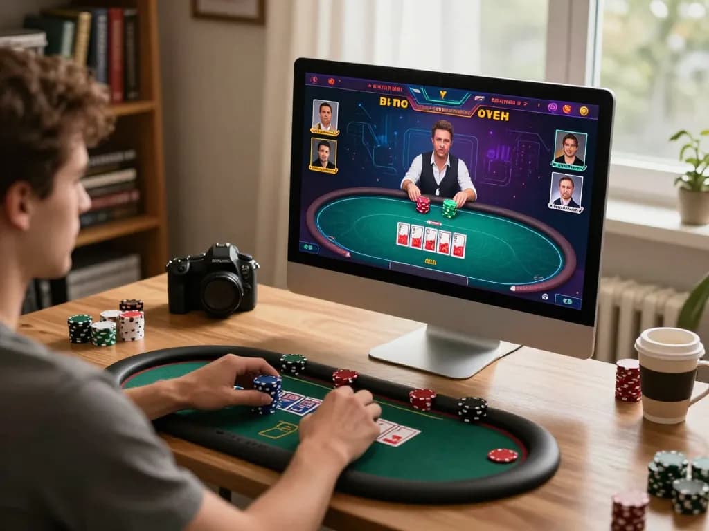 Exciting online poker gameplay at home featuring hidobasketgoztepe engaging moment on the computer screen.