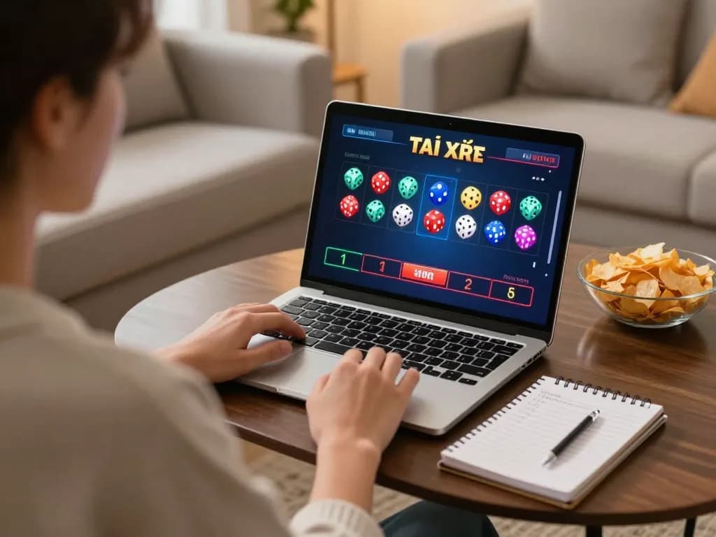 Tài xỉu online gameplay in a cozy home setup, focusing on strategic betting decisions.