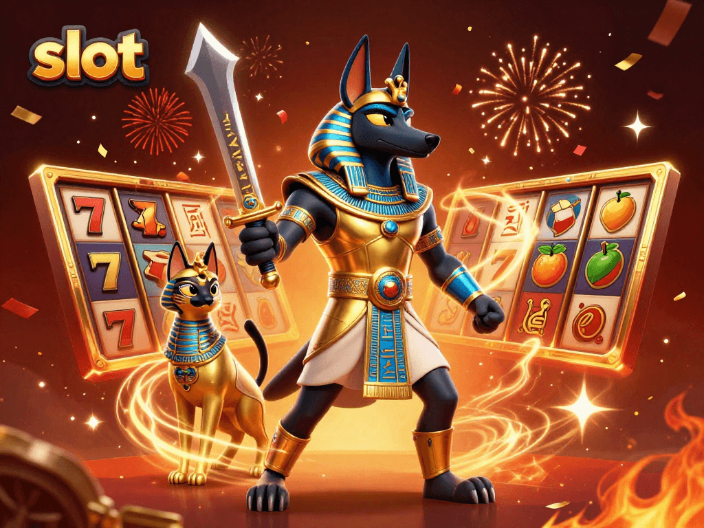 Engage with thrilling slot action featuring the Anubis warrior and Bastet in an electrifying casino scene.