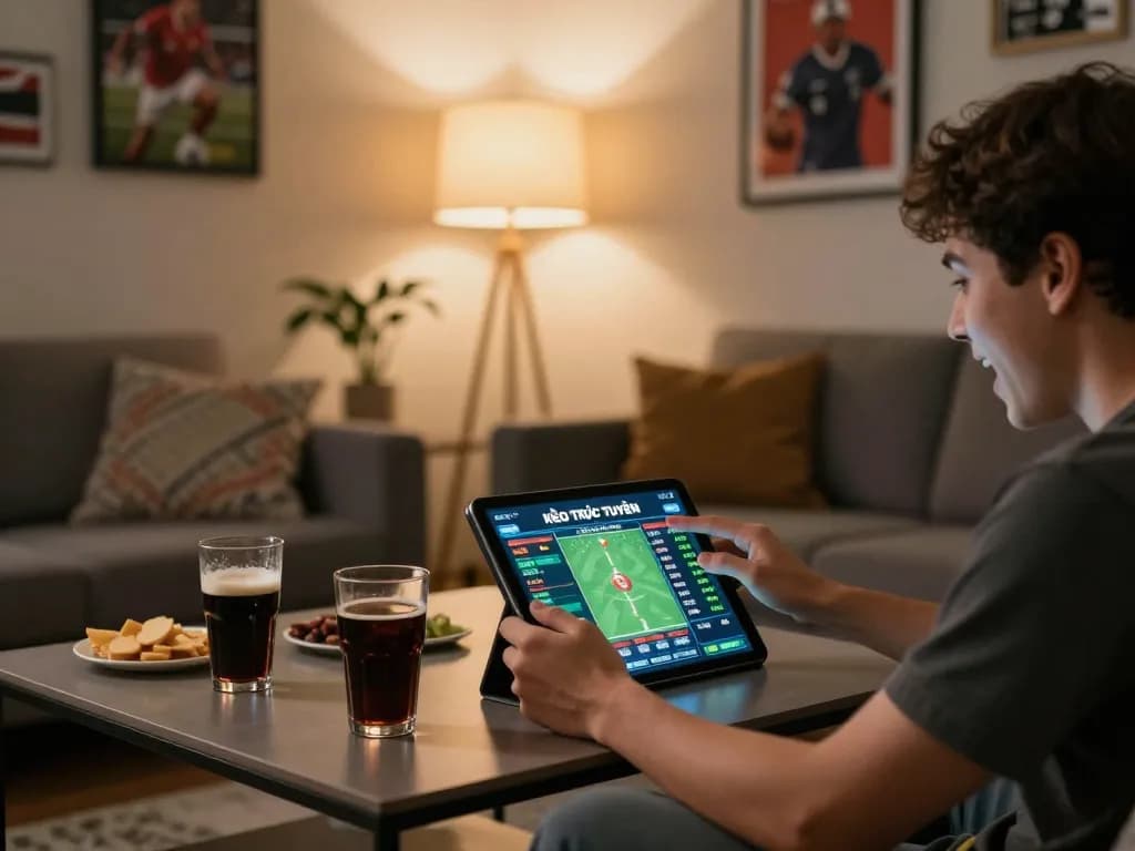 KÈO TRỰC TUYẾN live betting action with a person placing bets on a tablet, showcasing engagement