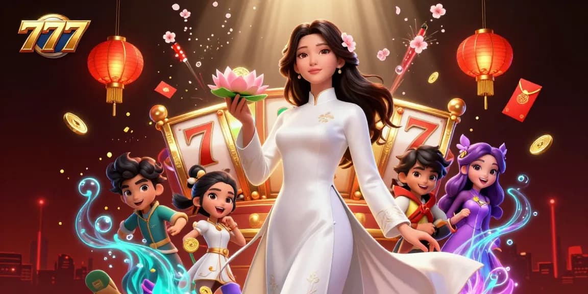 Experience the thrill of 777 slots with a captivating illustration of an elegant Asian woman surrounded by vibrant casino elements.
