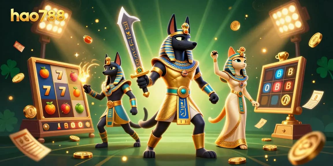Memainkan slot di HAO788 dengan karakter Anubis dan Bastet dikelilingi simbol keberuntungan.