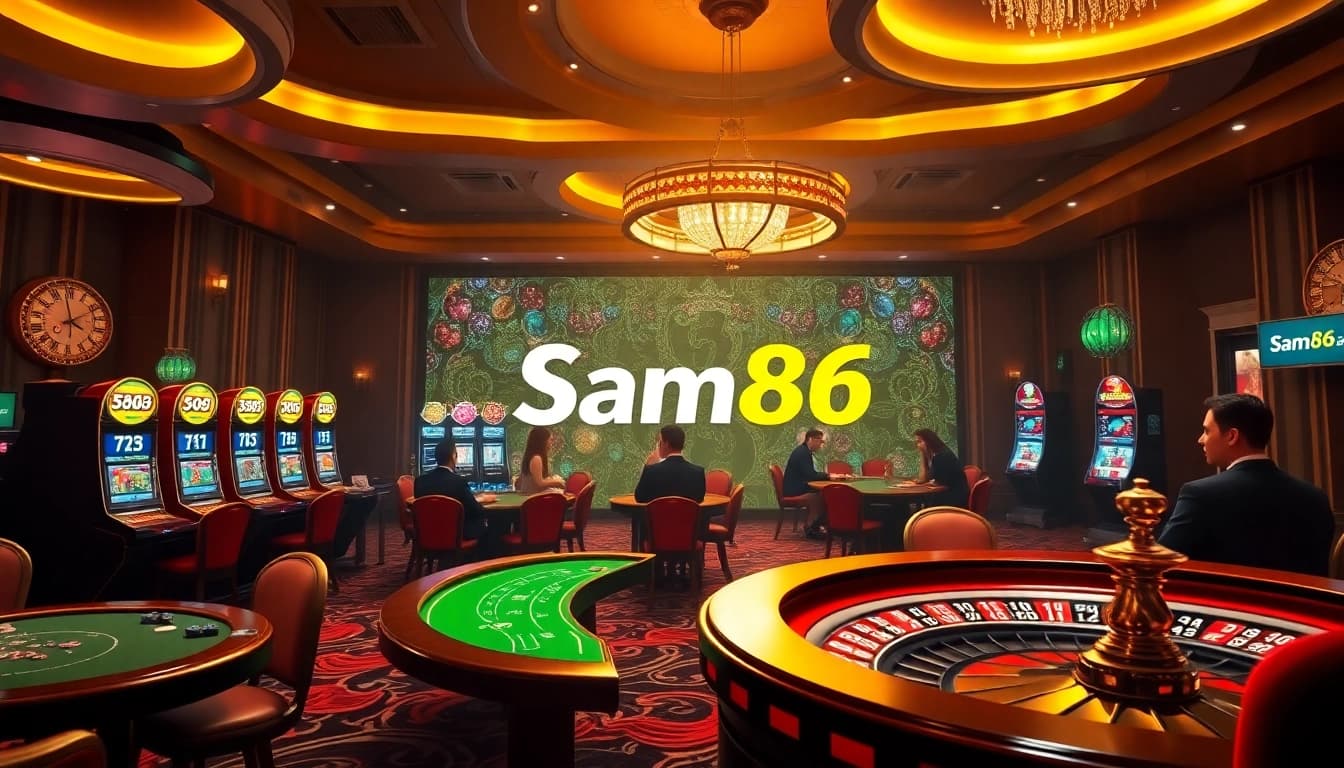Sam86 players enjoying thrilling online gambling at luxurious casino tables.