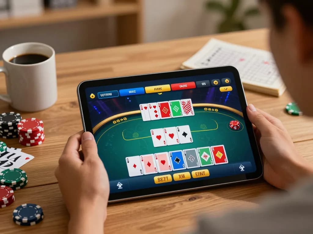 iWin player enjoying an online poker game on a tablet in a cozy home setting.