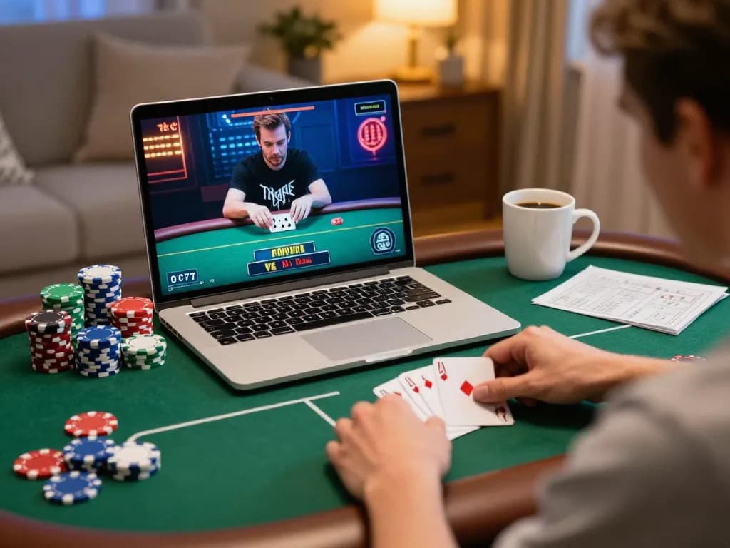 Engaging in a non gamstop poker game online at home, surrounded by strategy notes and chips.
