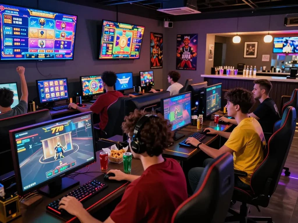 Pemain antusias menikmati permainan slot778 di lounge permainan yang cerah dengan perangkat modern.