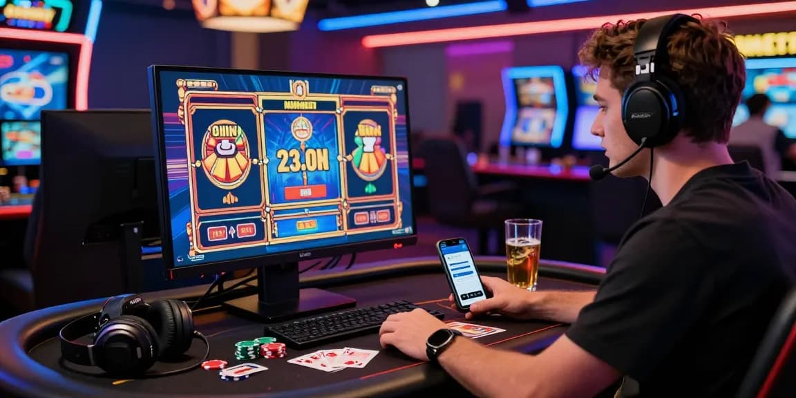 Exciting gaming experience at a credit card casino through https://aisa.org.uk, with a player enjoying vibrant slot graphics and casino props.