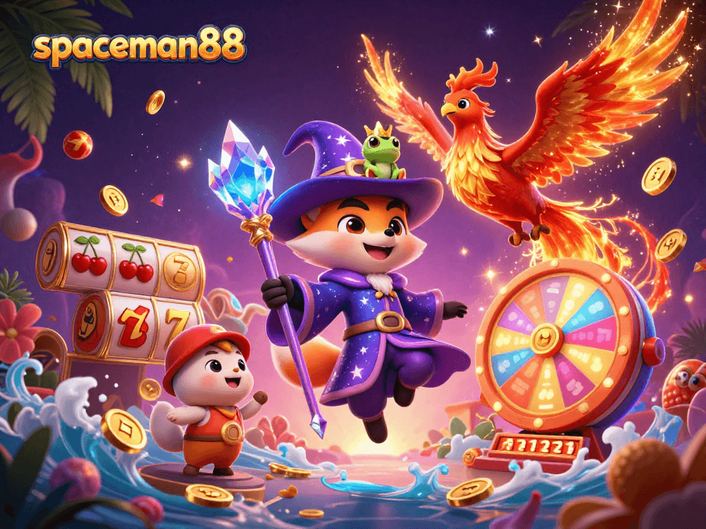 Spin the winning reels with spaceman88, featuring a mystical wizard fox and phoenix in an enchanting casino scene.
