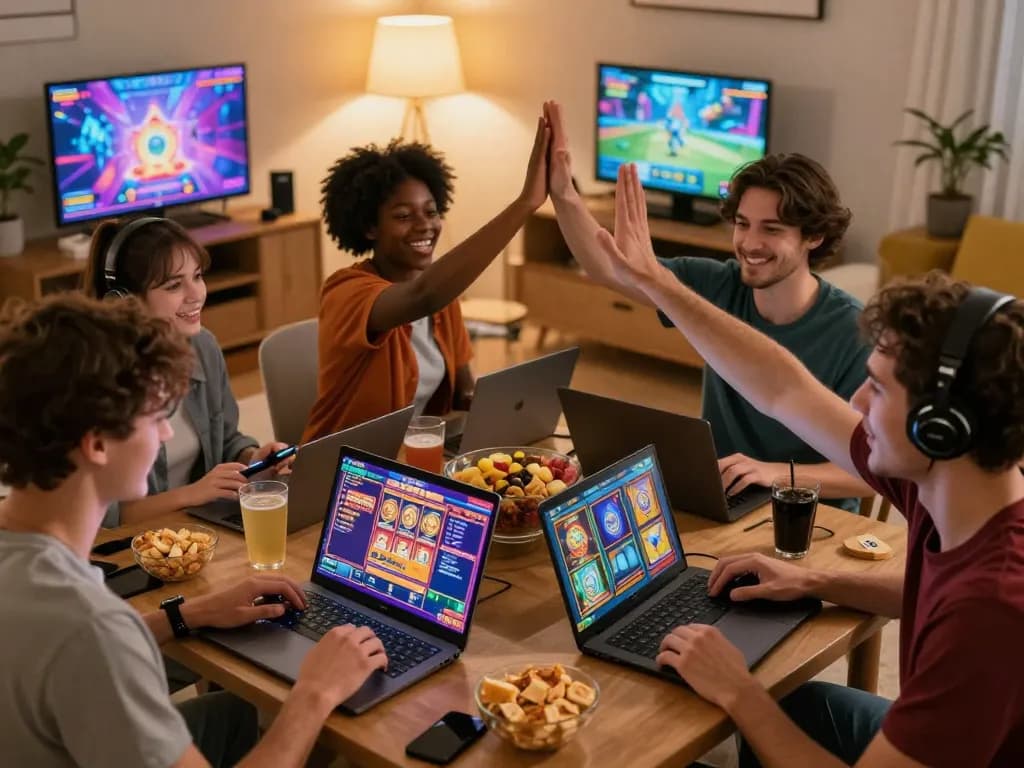 Pemain menikmati keseruan permainan slot online laoban188 di rumah dengan grafik yang berwarna-warni dan camilan.