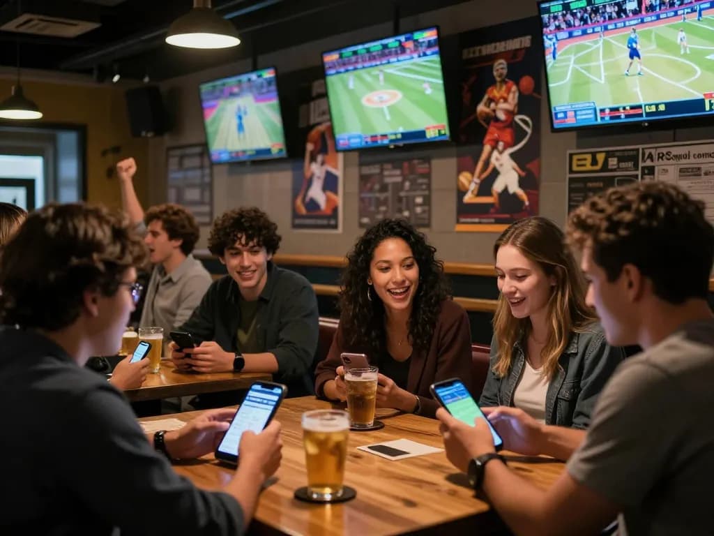 Cheering sports fans engaging in betting on luck88com mobile app at a vibrant sports bar.