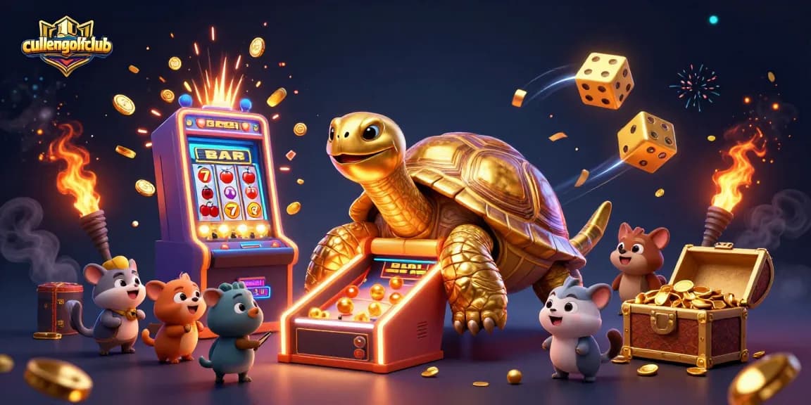 Cullengolfclub showcases a vibrant 3D illustration with a golden tortoise pinball machine and dynamic casino elements, embodying winning energy.
