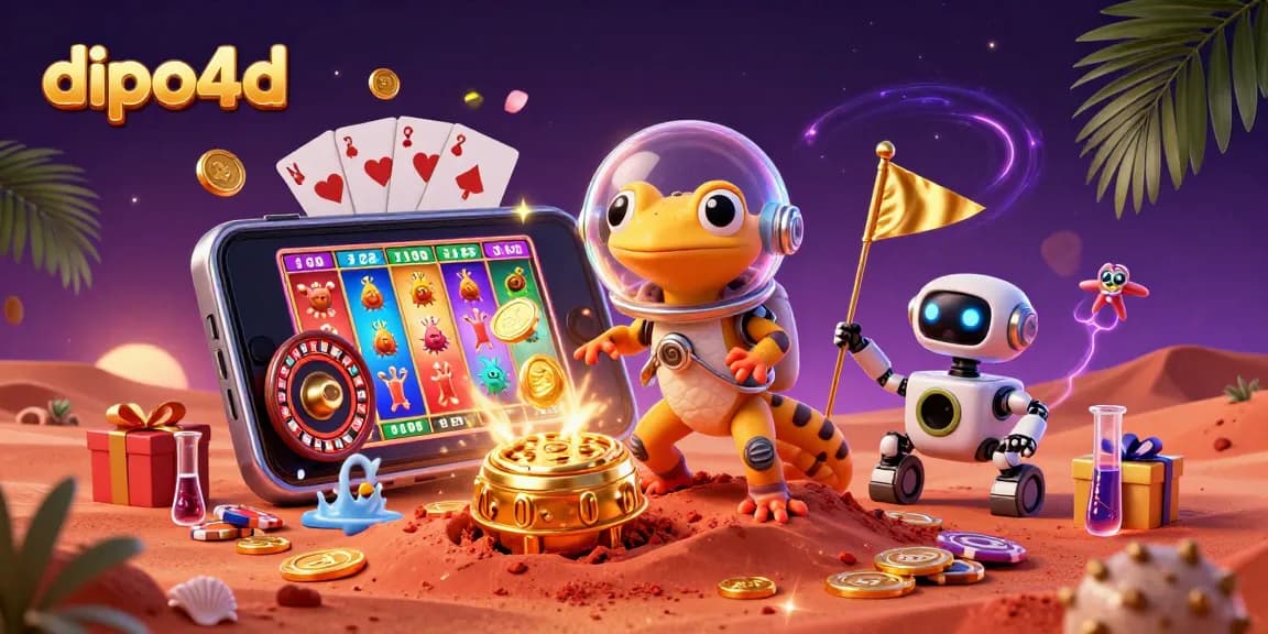 Permainan dipo4d yang menarik dengan kartun Martian gecko menjelajah kasino emas.