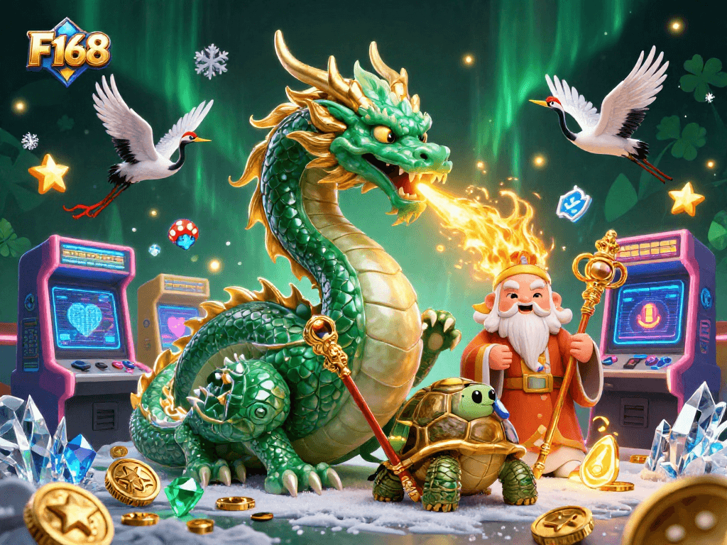 F168 offers an exciting gambling experience with massive jade dragon, lucky cranes, and vibrant game elements.