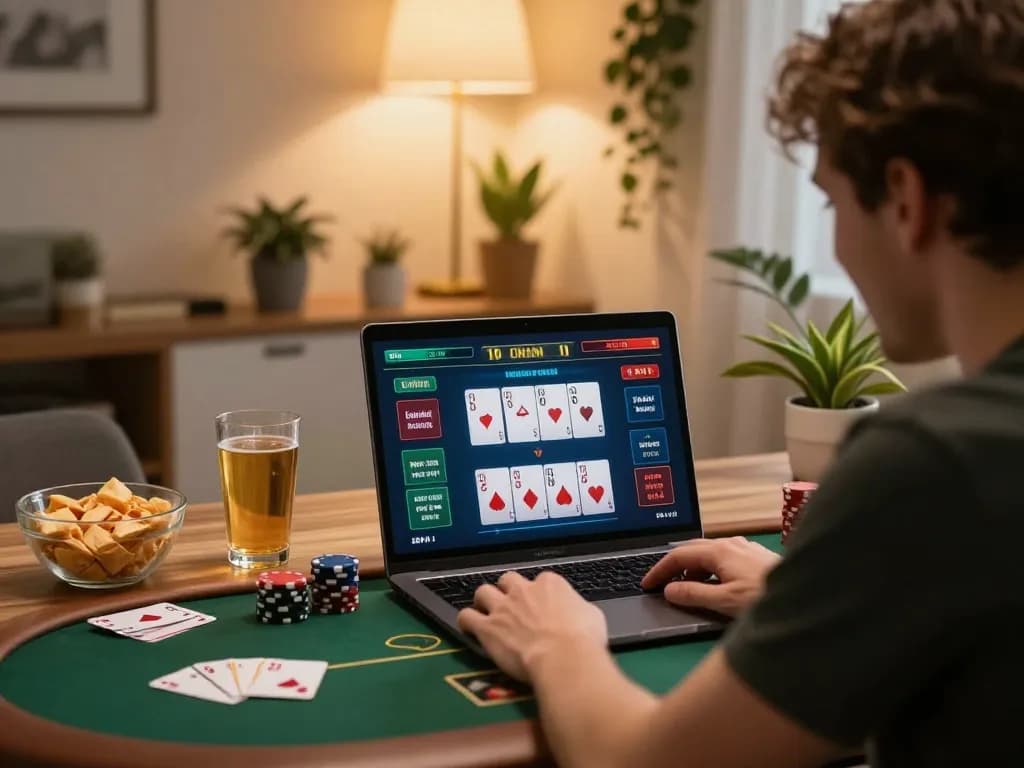 Player engaging with online poker game on 888vi's platform, showcasing a cozy home gaming setup.