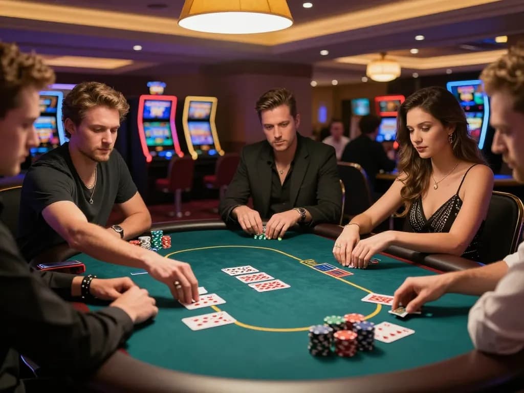 KJC players strategizing at a dynamic poker table, immersed in high-stakes gameplay.