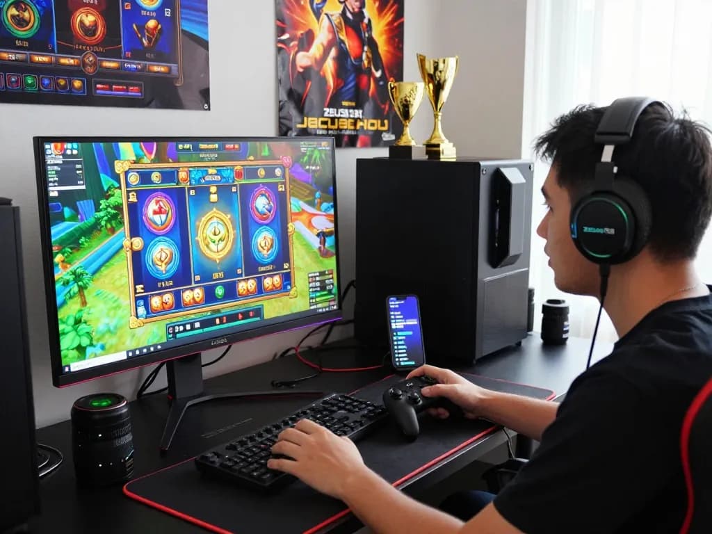 Excited player enjoying a vibrant gaming session on Zeus138 platform, surrounded by colorful slot games and gaming accessories.