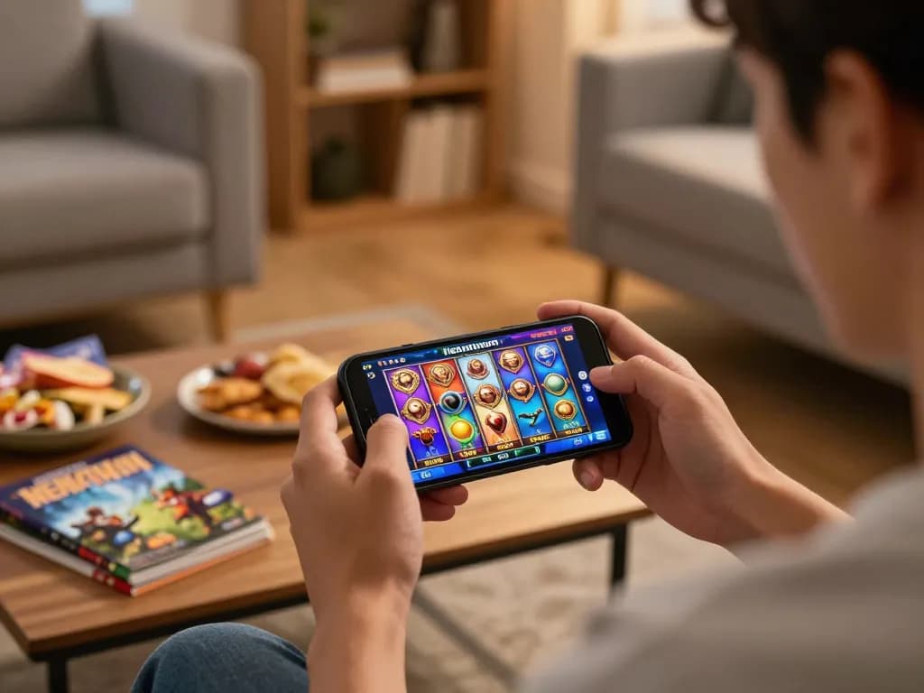 Experience slot nekatwin excitement through a smartphone in a cozy gaming setup.