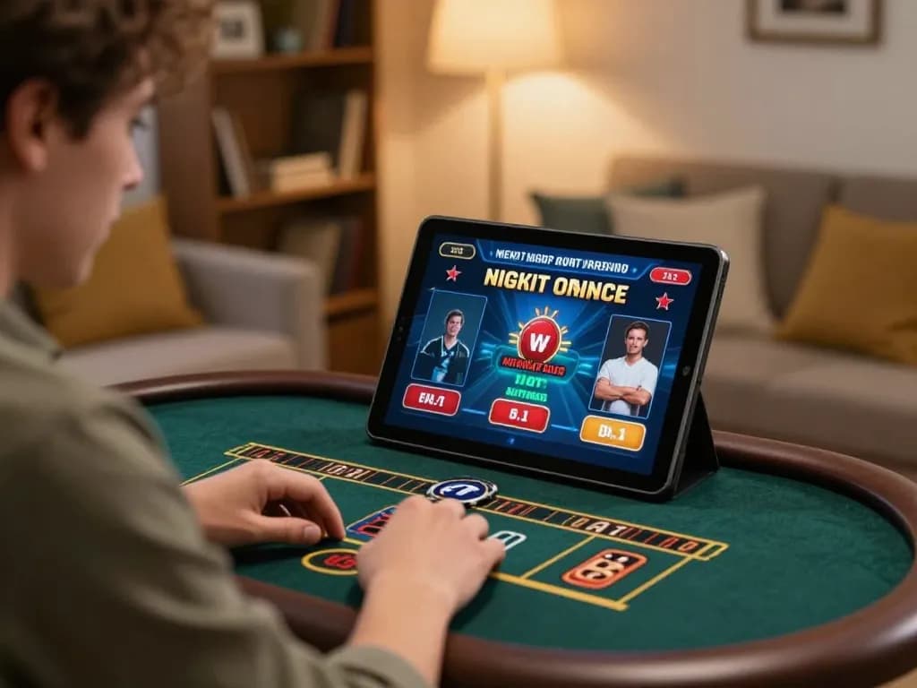 Engaging gameplay at 32win online casino, player interacting with live dealer games on tablet in cozy home setting.