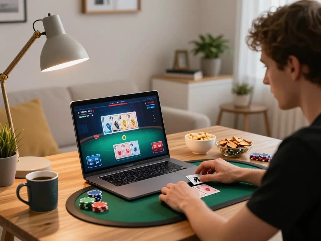 Play poker online with iwin club, showcasing intense gameplay on a laptop with strategic card placements