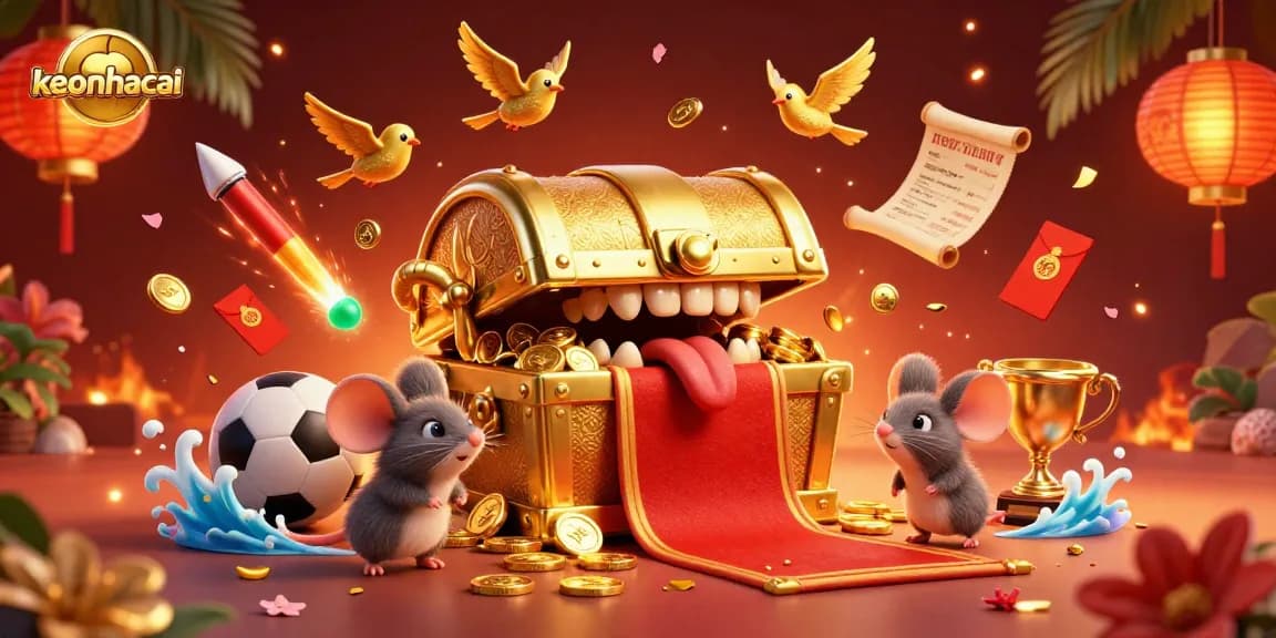 Engaging scene of keonhacai treasure chest captivating adventurer mice, with vibrant sports betting elements.