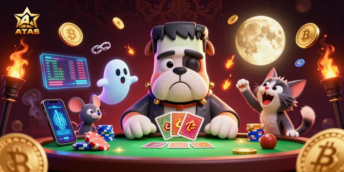 Engage with ATAS Casino's thrilling atmosphere featuring a 3D Frankenstein bulldog dealing cards amid ghostly elements.