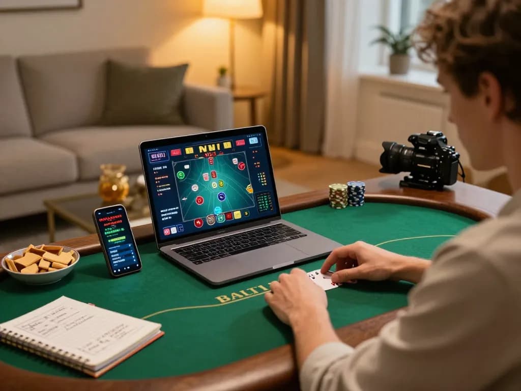 Engaged player at home using nk88 for online poker amid a cozy setup