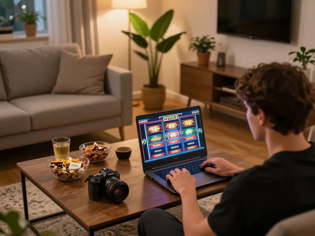 nk88 player engaging with online slots on laptop, cozy home setting full of snacks