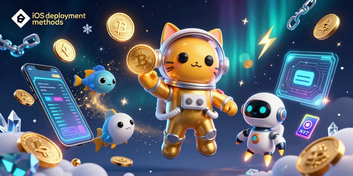 Engage with iOS deployment methods in a vibrant 3D casino universe illustrating a golden astronaut cat amidst victorious cryptocurrency elements.