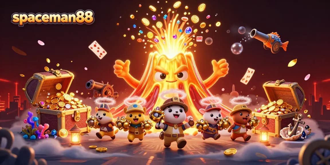 Engage with spaceman88 slots, featuring a colorful 3D illustration of a majestic golden volcano raining treasure.