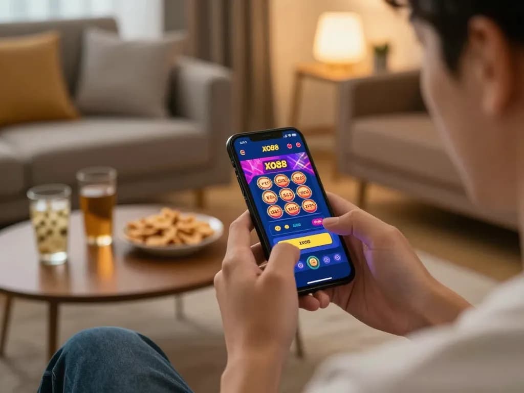 Engaging with the XO88 app for online betting in a cozy home setting.
