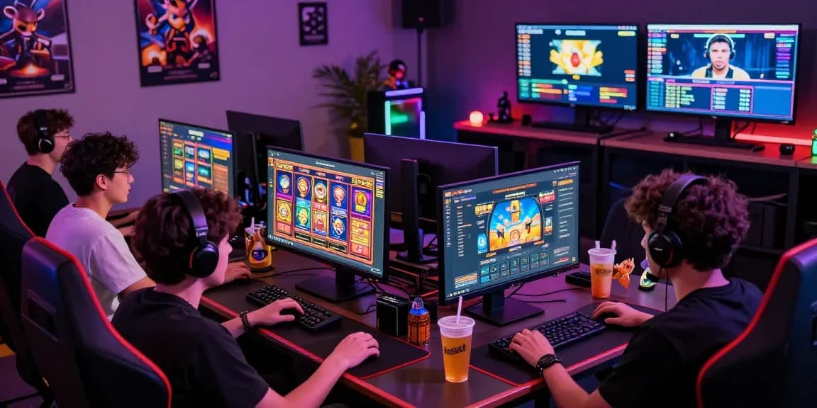 Energetic gamers using OSAKA88 platform with colorful displays and snacks in a vibrant gaming room.