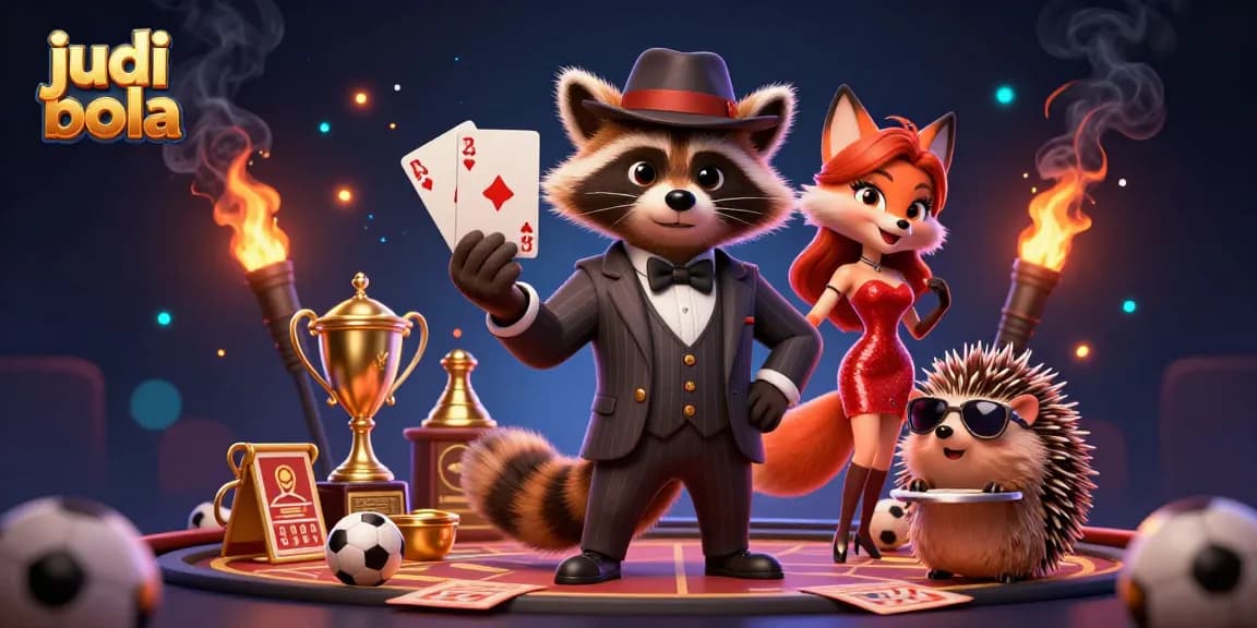 Engage in judi bola with a suave raccoon and charming fox amid vibrant casino elements.