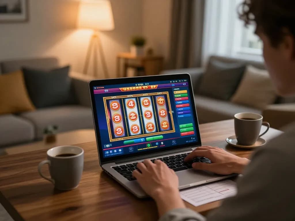 Engaging in the aman788 online slot game with vibrant graphics and strategic notes nearby.